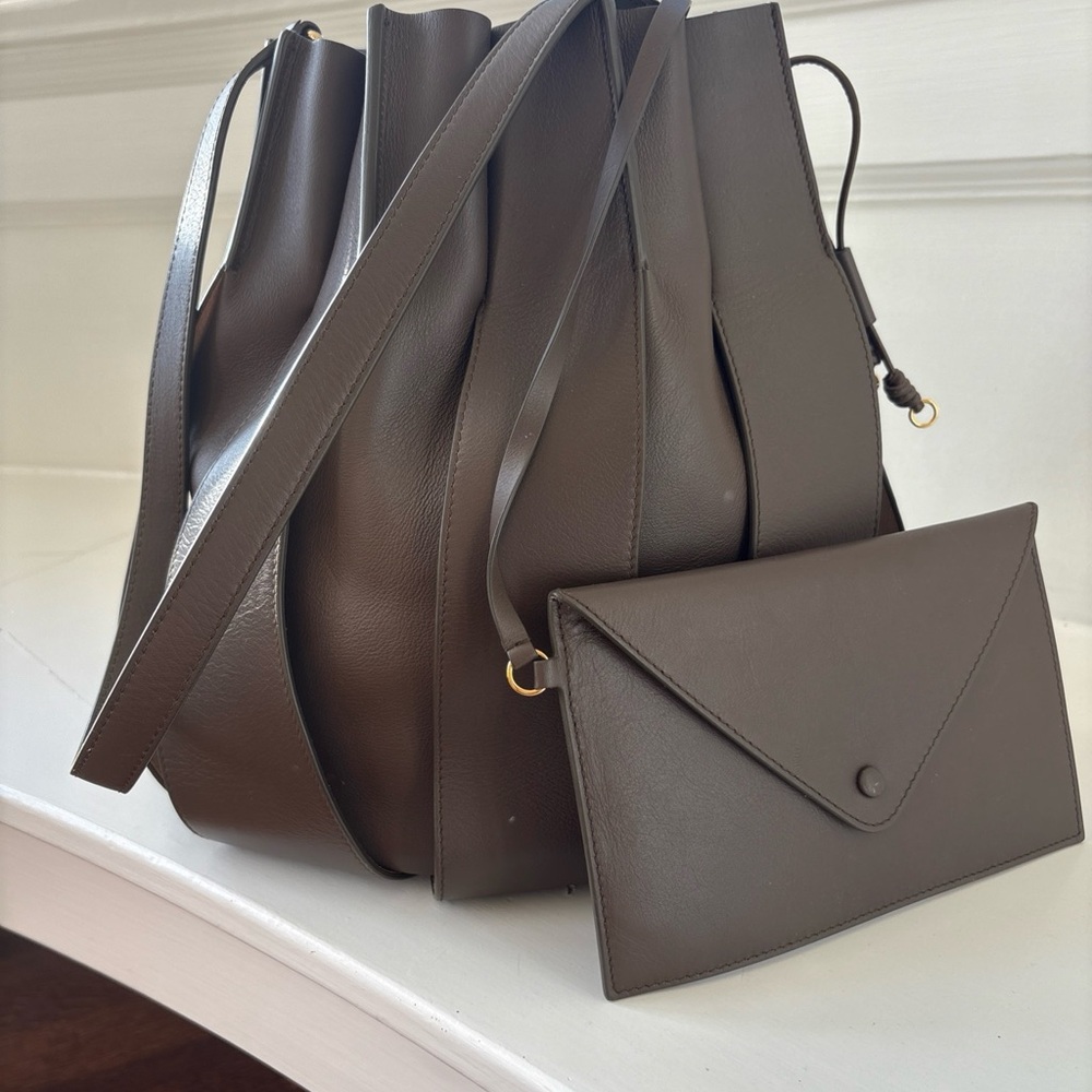 Ulla Johnson Lotus Bucket bag with hammered gold hardware.